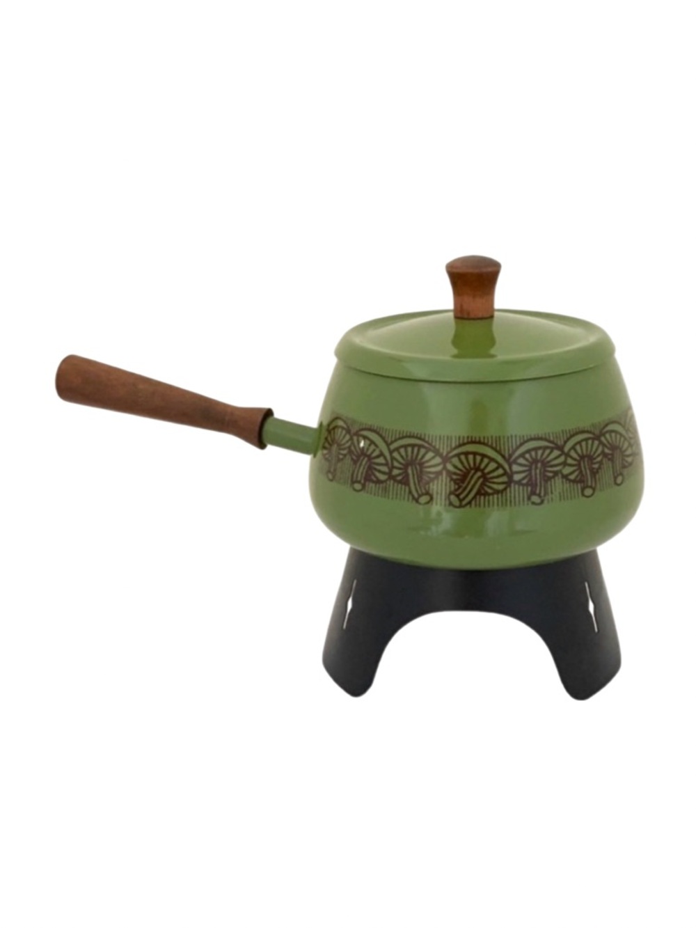 Vintage 1960s fondue casserole with burner stand, enameled aluminum Mad Men era
